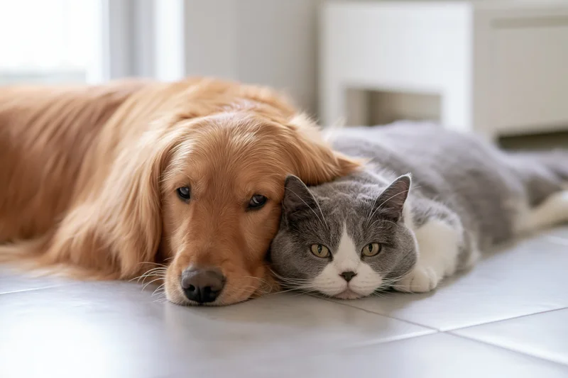 Golden retriever and grey-and-white cat lying together on tiled floor, heads touching, resting indoors near window