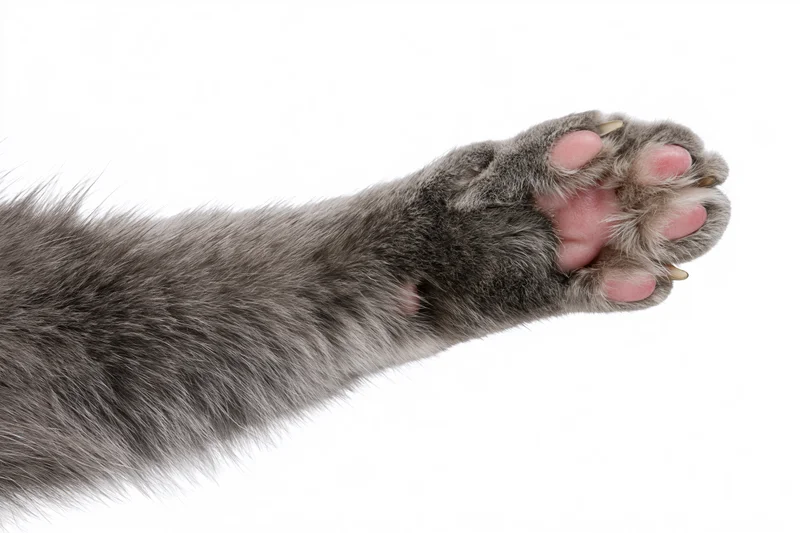 Gray cat's paw and lower leg extended with claws slightly visible against white background
