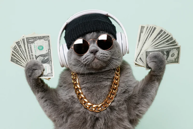 Grey british shorthair cat wearing headphones and sunglasses, holding fanned-out dollar bills, standing upright with gold chain and beanie