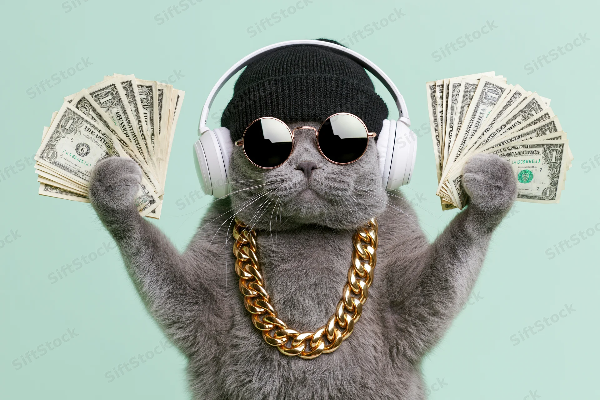 Grey british shorthair cat wearing headphones and sunglasses, holding fanned-out dollar bills, standing upright with gold chain and beanie