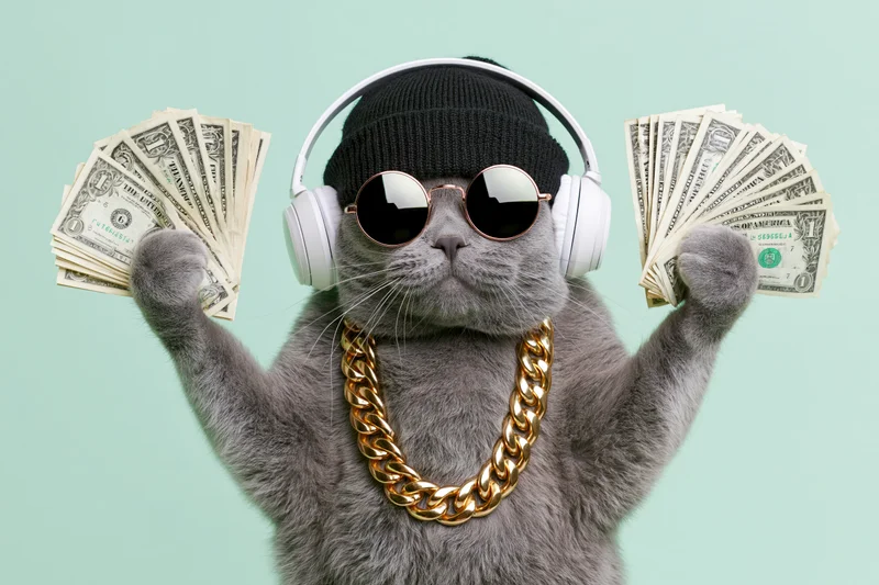 Grey british shorthair cat wearing headphones and sunglasses, holding fanned-out dollar bills, standing upright with gold chain and beanie