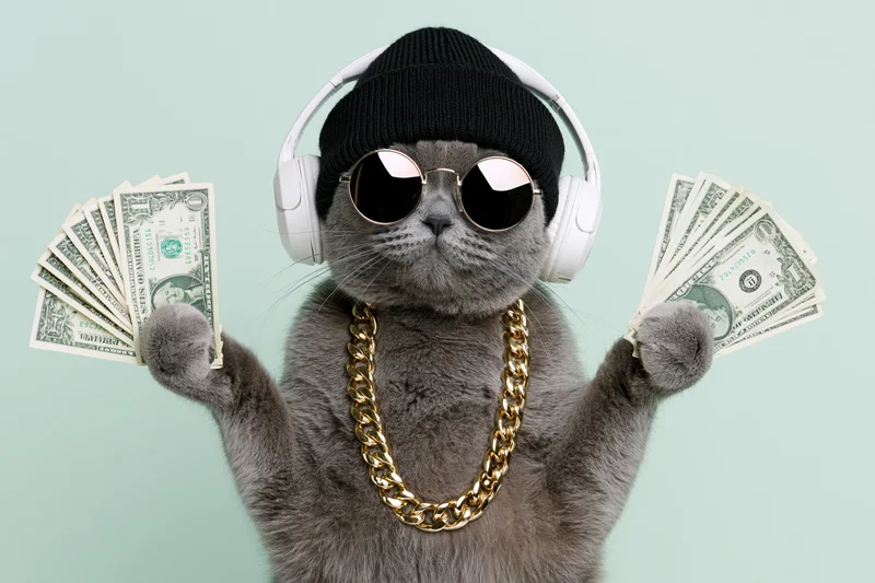 Grey british shorthair cat wearing headphones and sunglasses, holding fanned dollar bills, adorned with gold chain and beanie