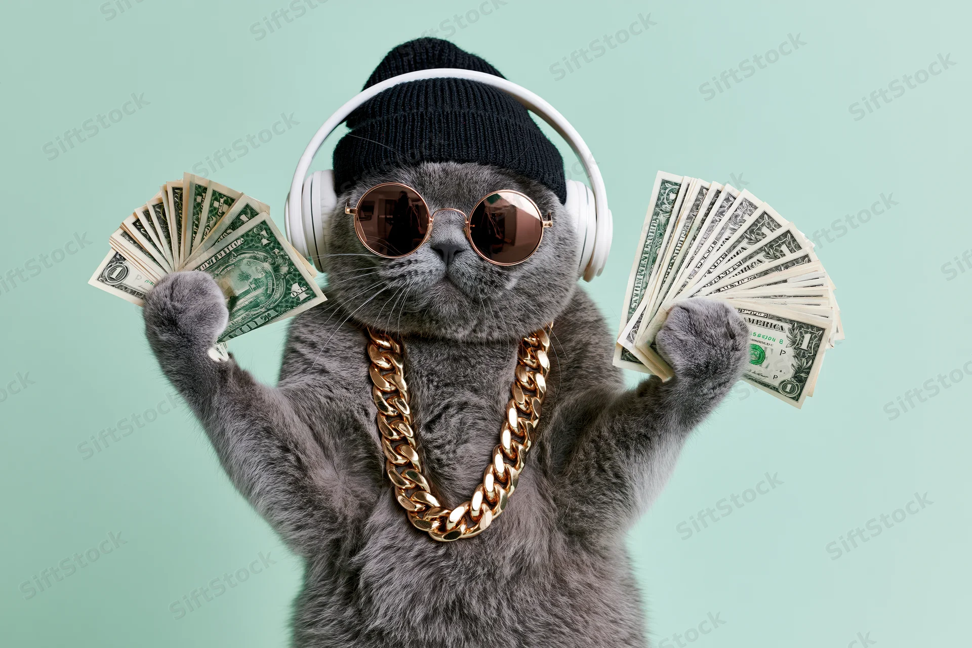 Grey british shorthair cat standing upright holding fanned dollar bills wearing headphones sunglasses and gold chain against mint green background