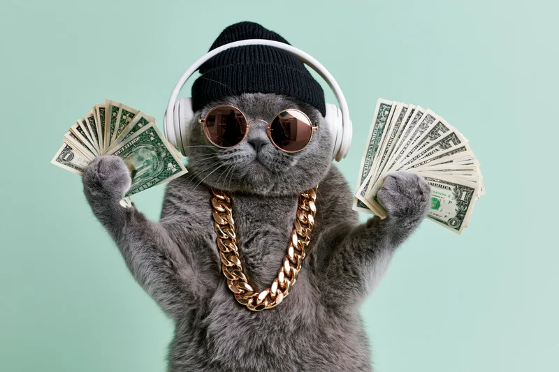 Grey british shorthair cat standing upright holding fanned dollar bills wearing headphones sunglasses and gold chain against mint green background