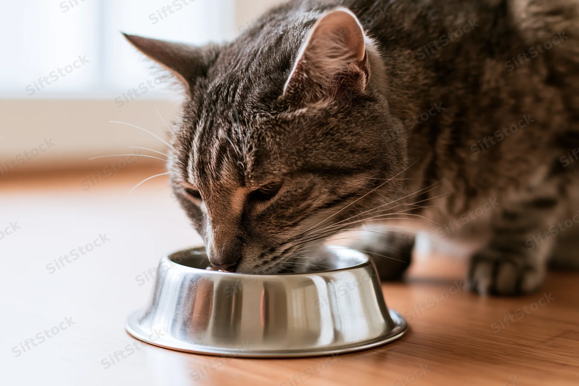 Grey tabby cat eating from a stainless steel bowl on a wooden floor indoors