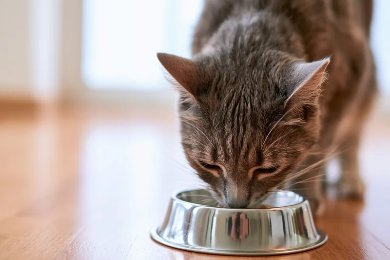 Grey tabby cat eating from a stainless steel bowl on a wooden floor indoors