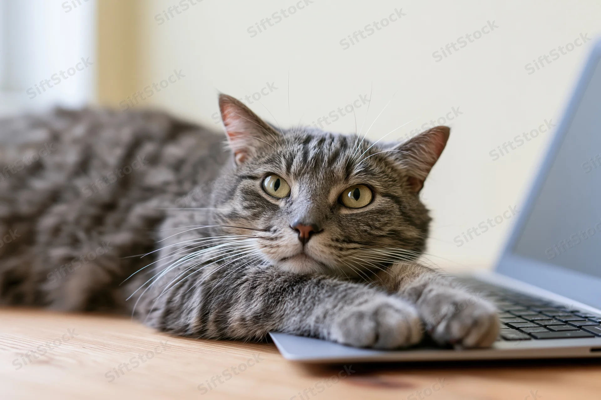 Grey tabby cat lying on wooden desk with paws on laptop keyboard
