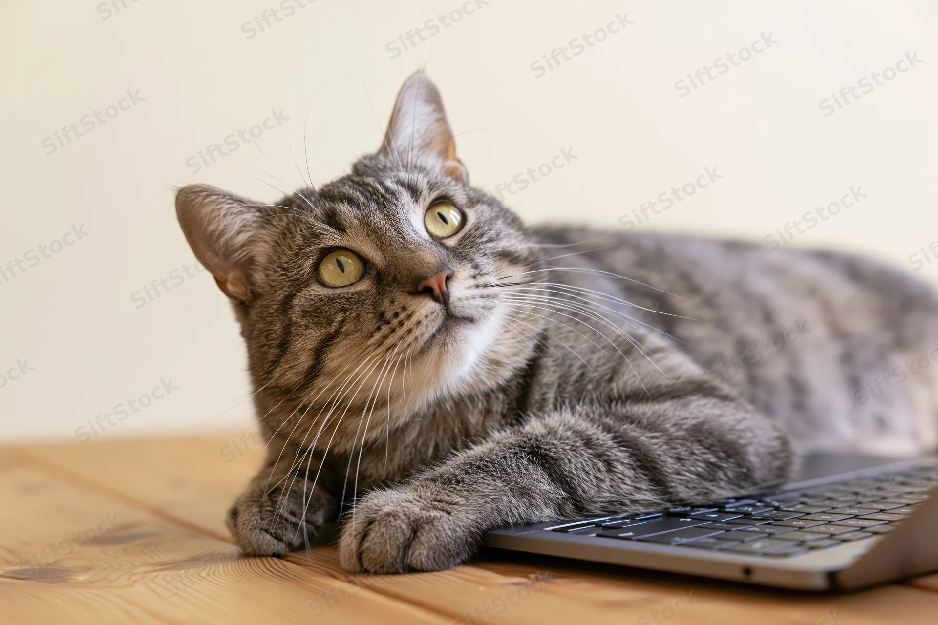 Grey tabby cat lying on wooden desk with paws on laptop keyboard