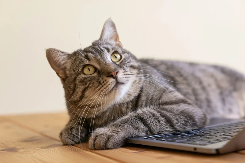 Grey tabby cat lying on wooden desk with paws on laptop keyboard