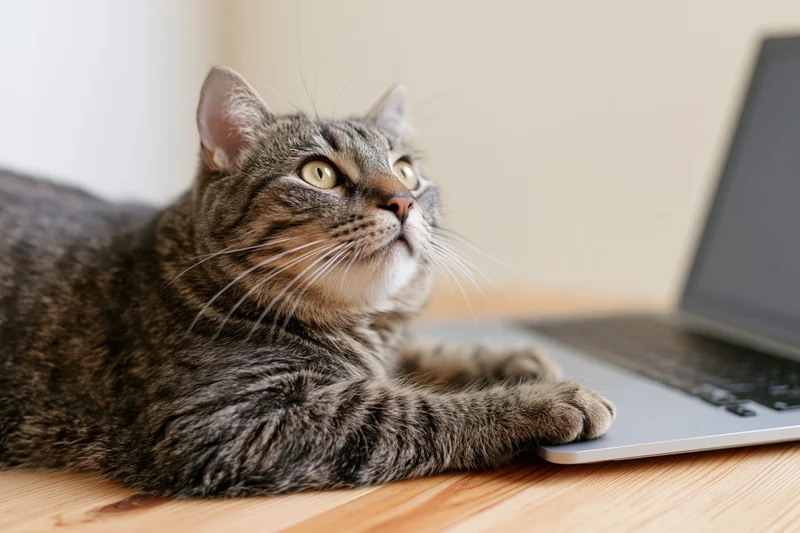 Tabby cat lying on wooden desk with paws on laptop keyboard