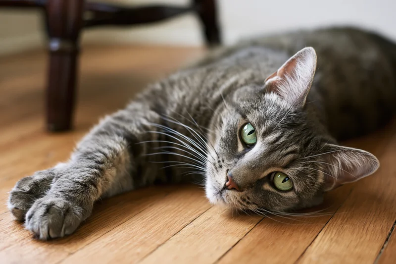 Grey tabby cat lying stretched out on warm wooden floor indoors
