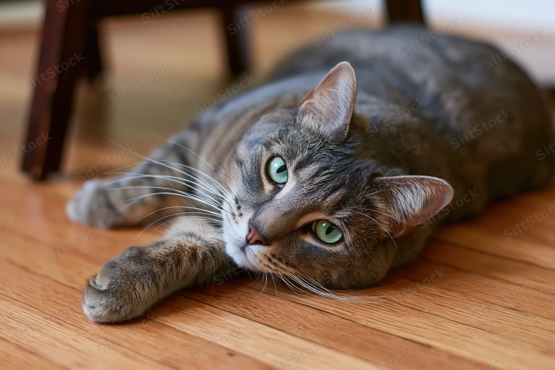 Grey tabby cat lying stretched out on warm wooden floor indoors