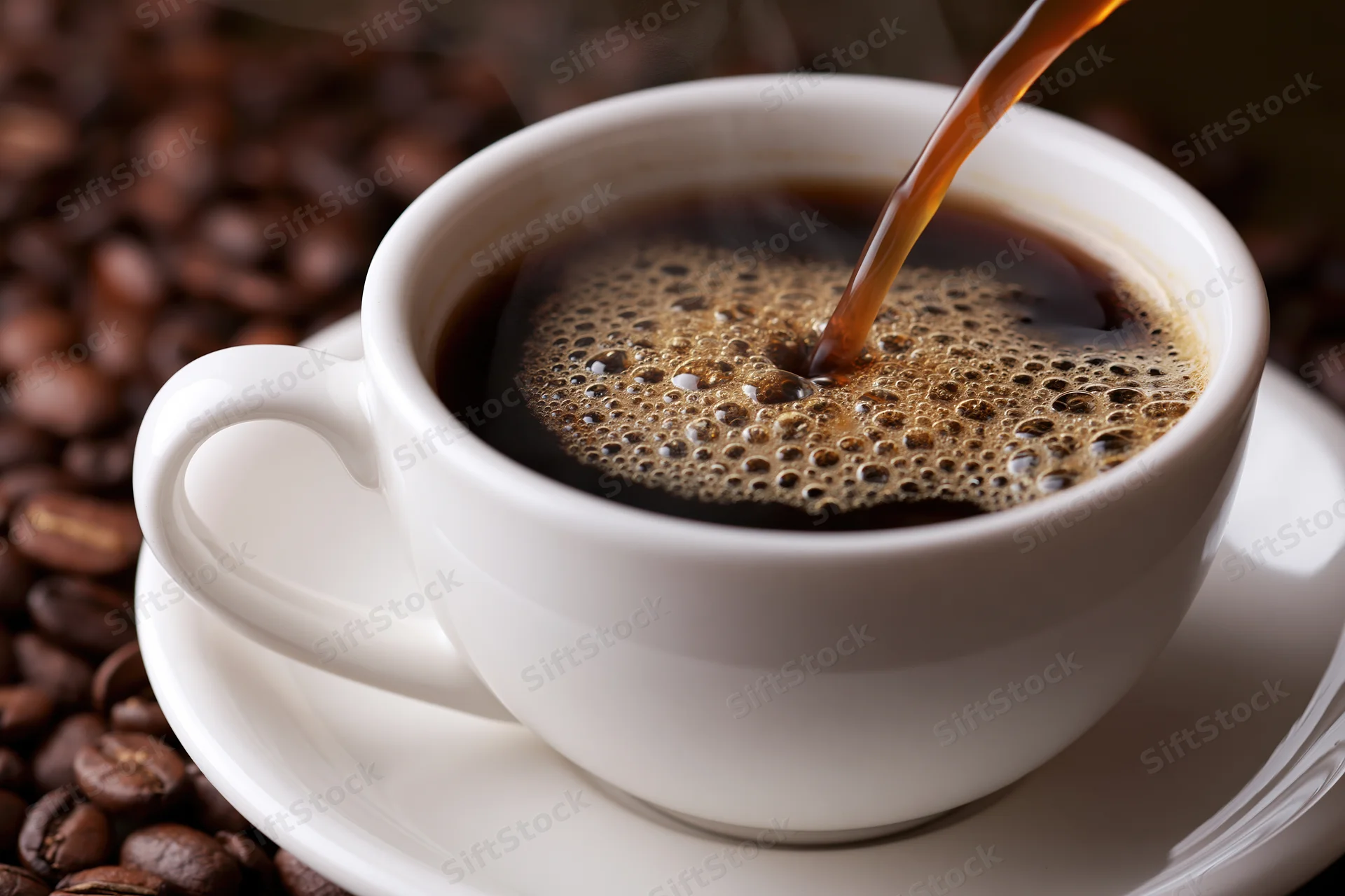Hot black coffee being poured into a white ceramic cup on a saucer surrounded by roasted coffee beans