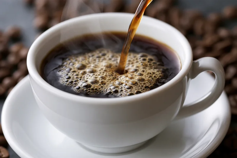 Hot black coffee being poured into a white ceramic cup on a saucer with coffee beans around