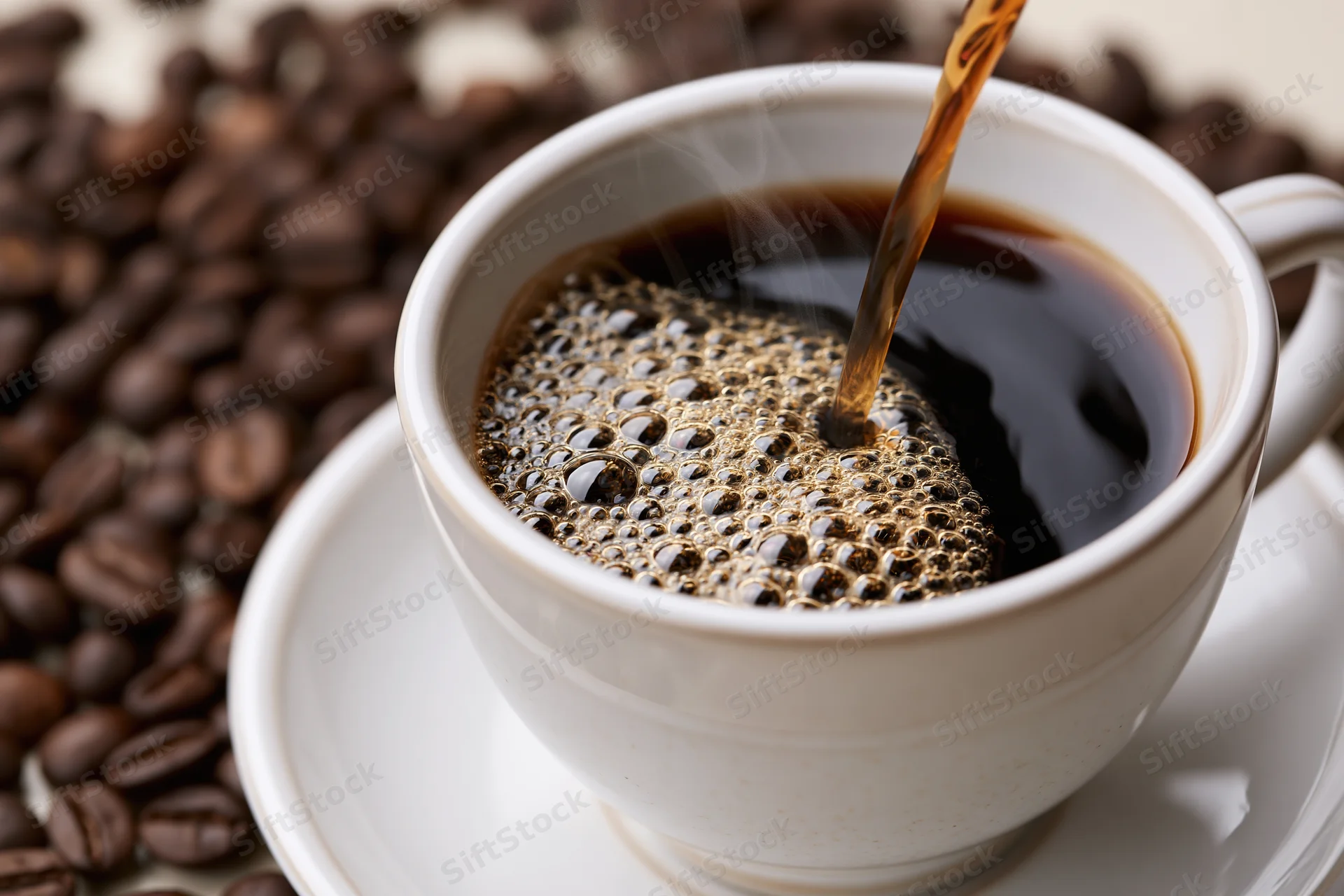 Hot black coffee being poured into a white ceramic cup with steam and bubbles, surrounded by roasted coffee beans on a saucer