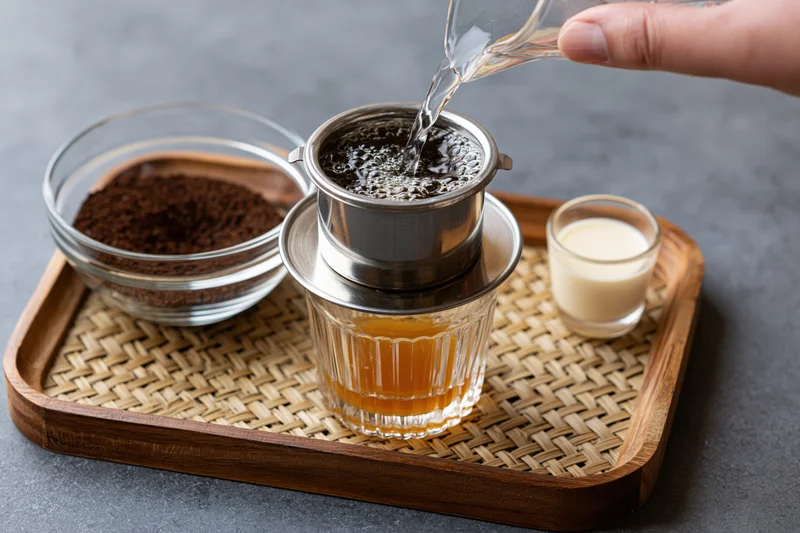 Hand pouring hot water into a Vietnamese phin coffee filter on a woven tray with coffee grounds and milk nearby