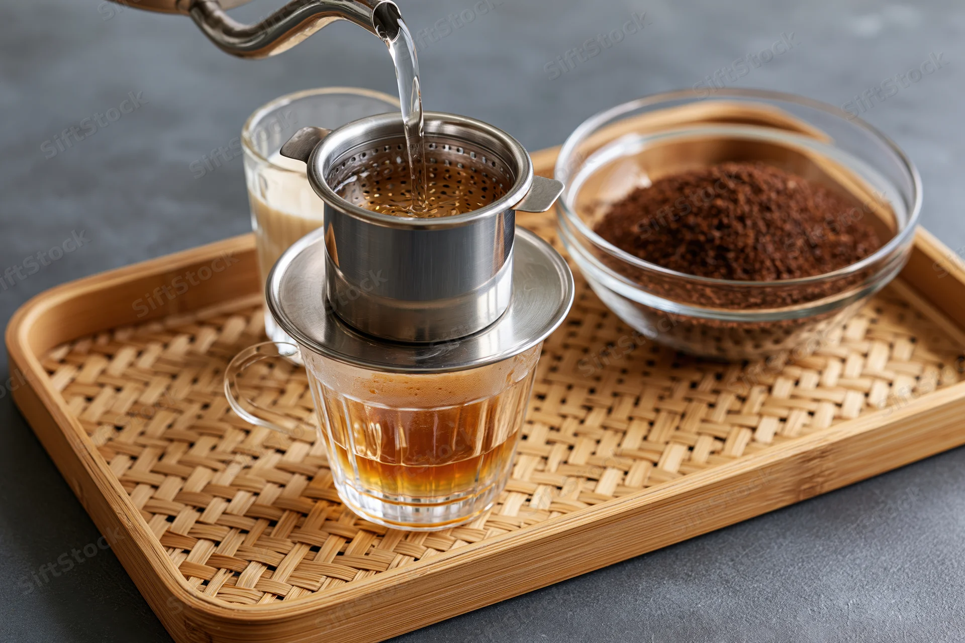 Hot water being poured into a Vietnamese phin filter over a glass cup on a woven bamboo tray