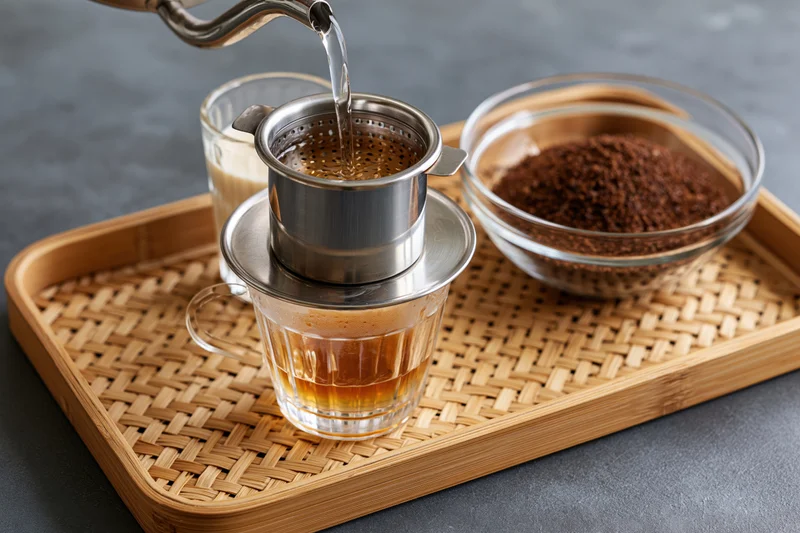 Hot water being poured into a Vietnamese phin filter over a glass cup on a woven bamboo tray