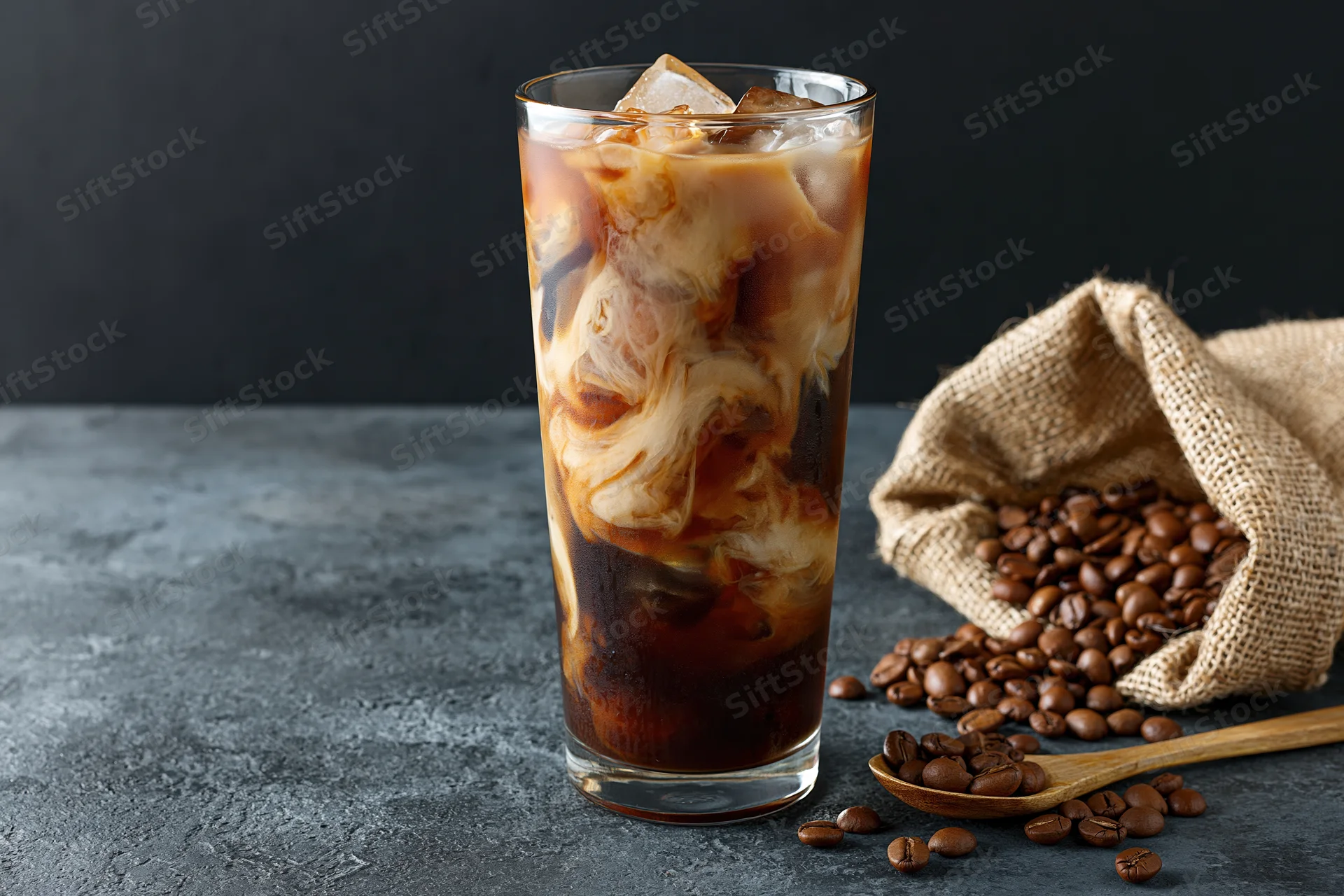 Iced coffee with swirling cream in a tall glass beside coffee beans in a burlap sack on a dark stone surface