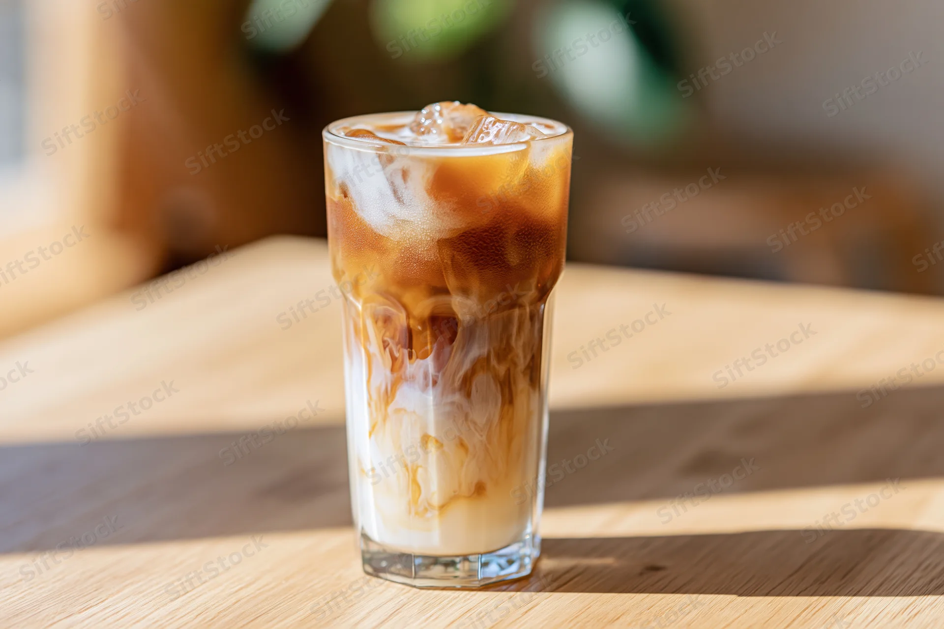 Iced latte in a tall clear glass with ice and cream swirls on a light wood table
