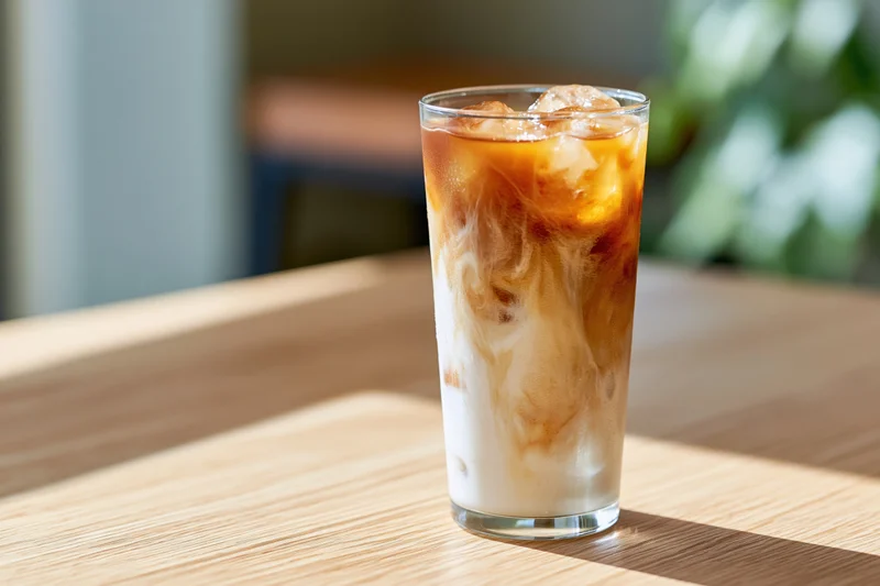 Iced latte in a tall clear glass with milk swirls on a light wood table