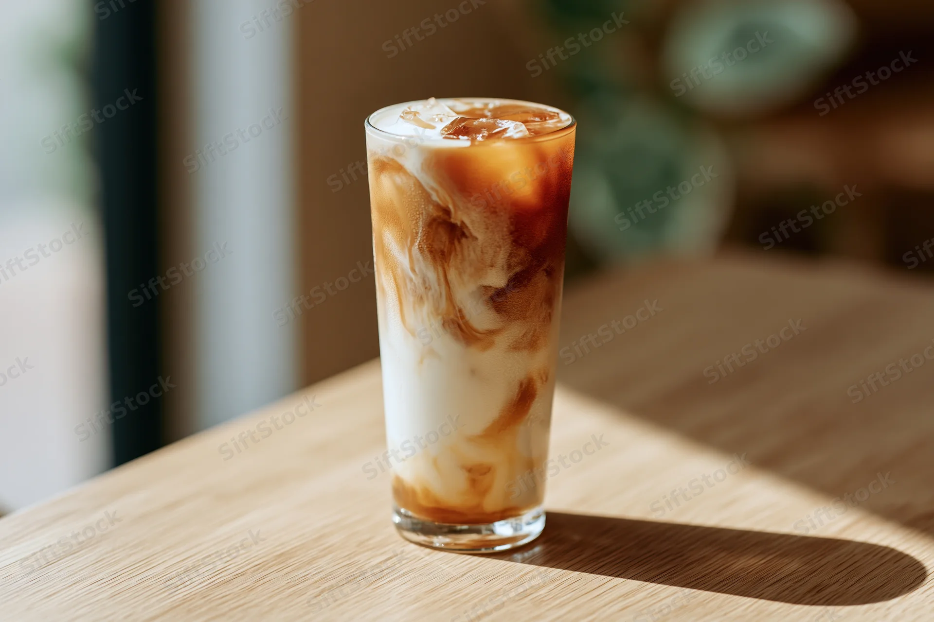 Iced latte in a tall clear glass on a light wood table with sunlight and shadow