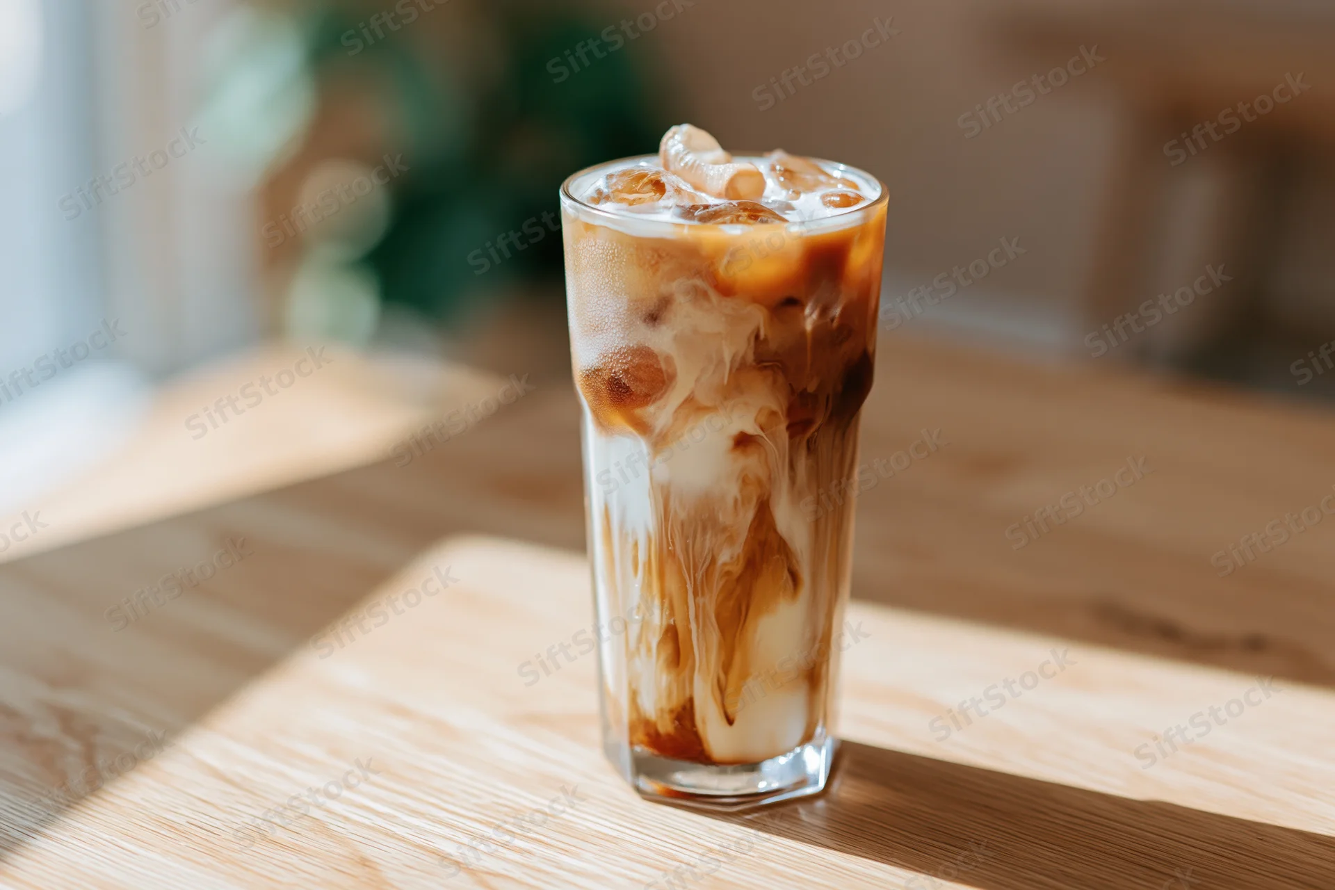 Iced latte in a tall clear glass with milk and caramel swirls on a light wooden table