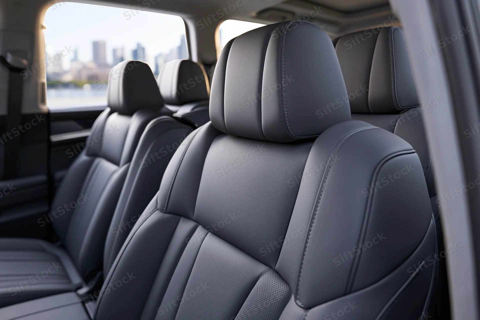 Interior of a modern suv with black leather seats arranged in rows, viewed from the rear door with cityscape visible through the windows