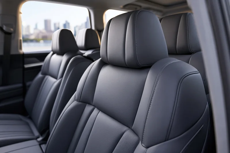 Interior of a modern suv with black leather seats arranged in rows, viewed from the rear door with cityscape visible through the windows