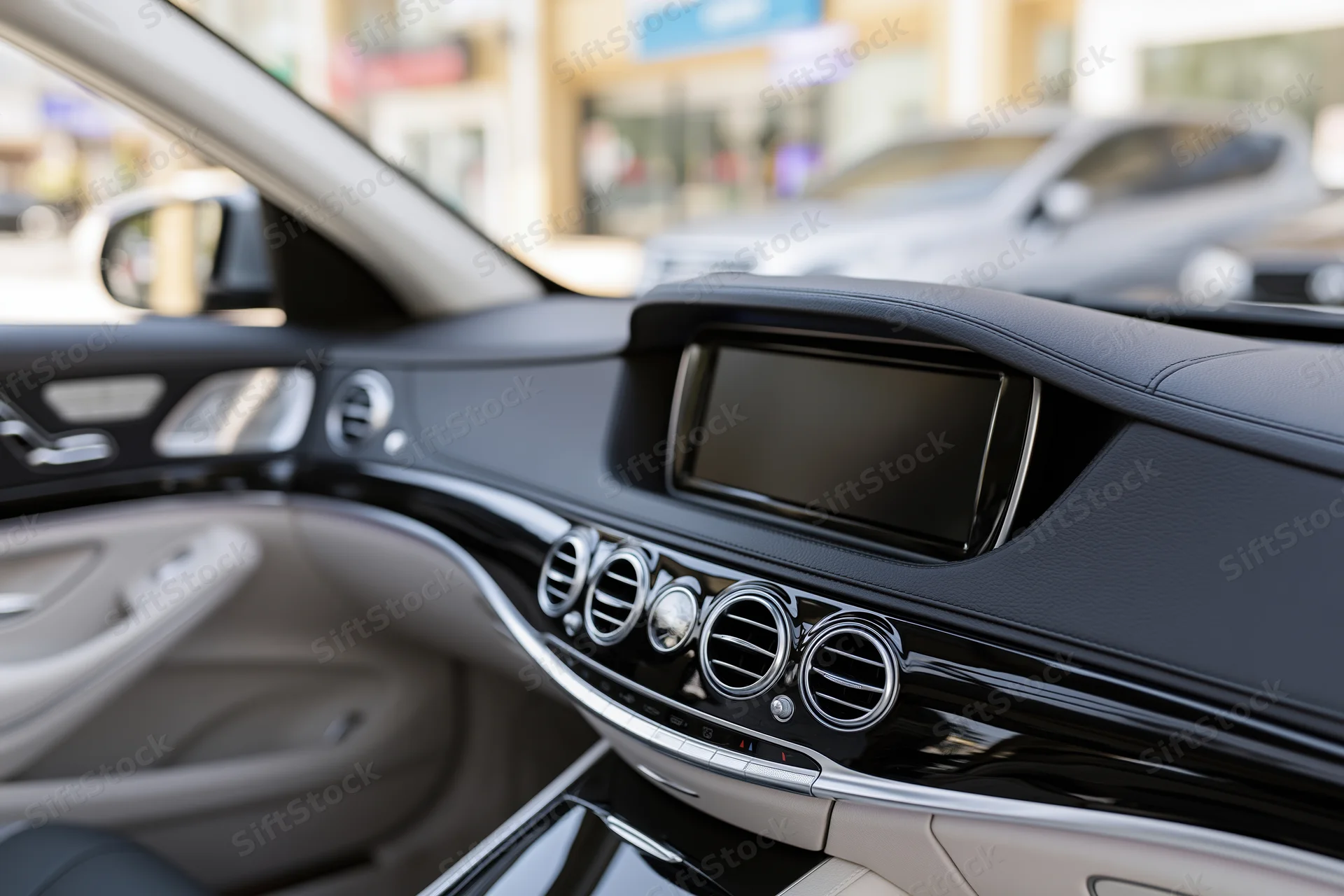 Luxury sedan interior dashboard and center console with black leather and chrome trim