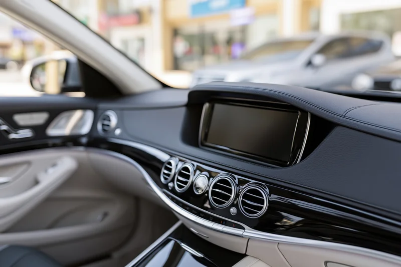 Luxury sedan interior dashboard and center console with black leather and chrome trim