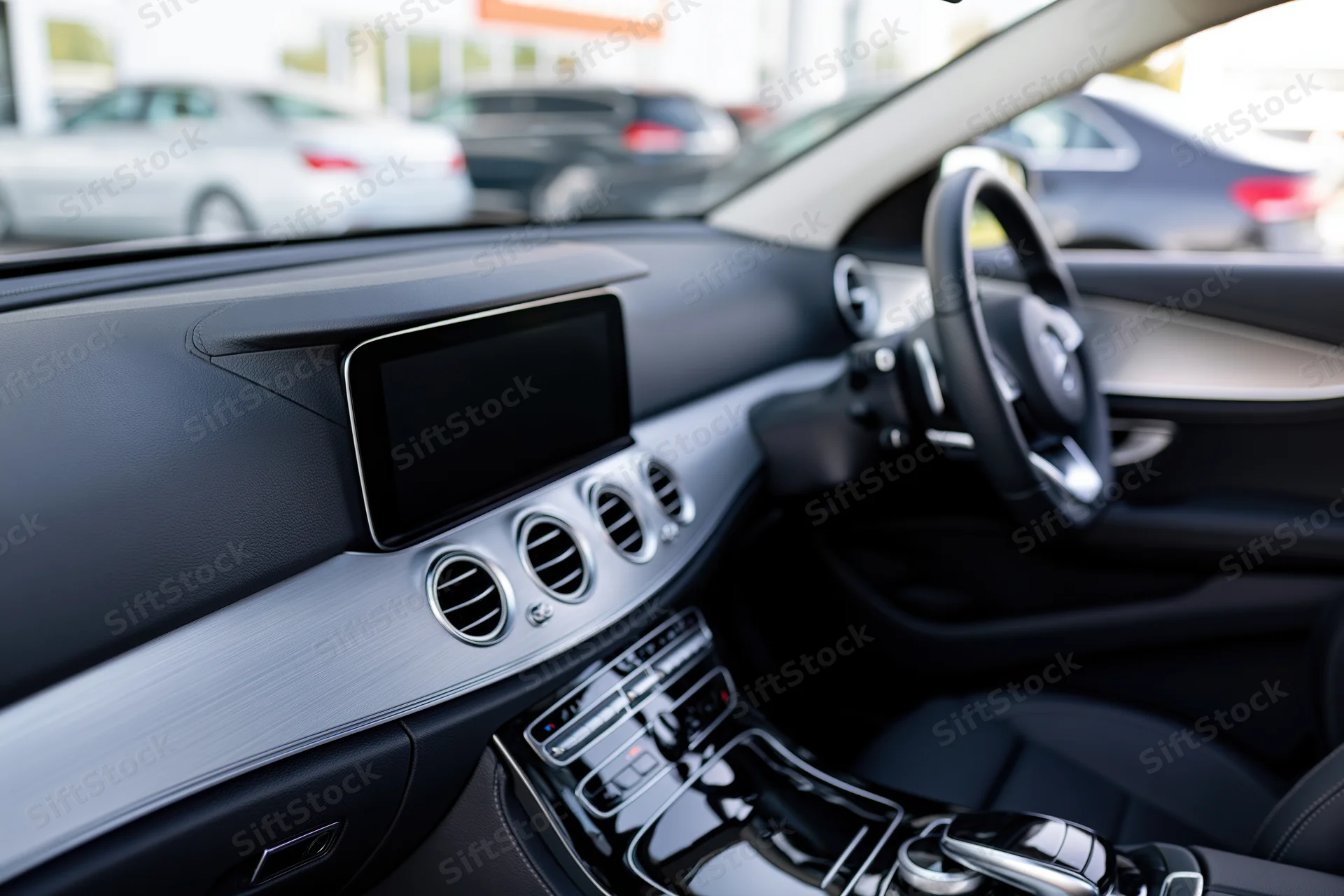 Interior of a modern luxury sedan showing dashboard and center console with touchscreen and climate controls