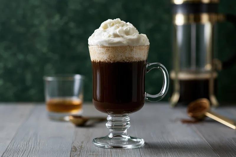Irish coffee in a footed glass mug topped with whipped cream on a wooden table