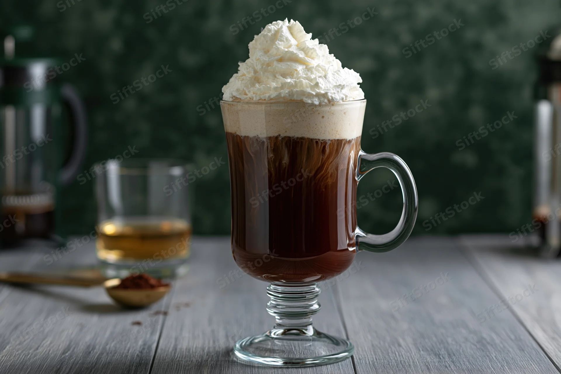 Irish coffee in a footed glass mug topped with whipped cream on a wooden table