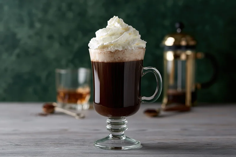 Irish coffee in a footed glass mug topped with whipped cream on a wooden table