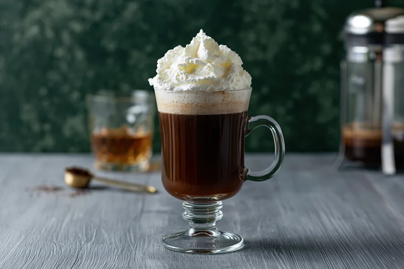 Irish coffee in a footed glass mug topped with whipped cream on a gray wooden table