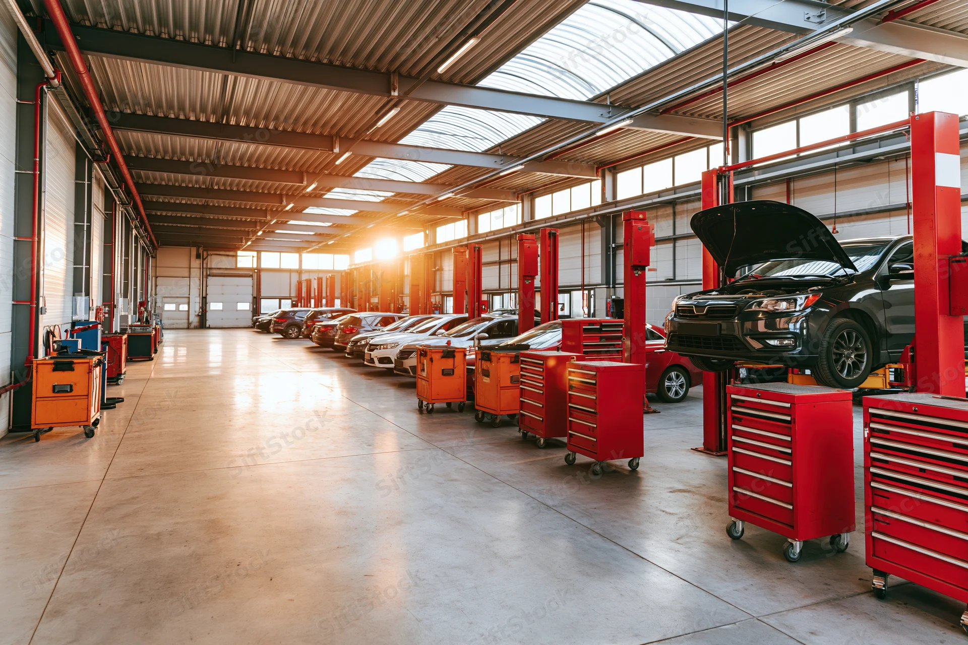 Automotive service bay interior with cars on lifts and toolboxes along the walls