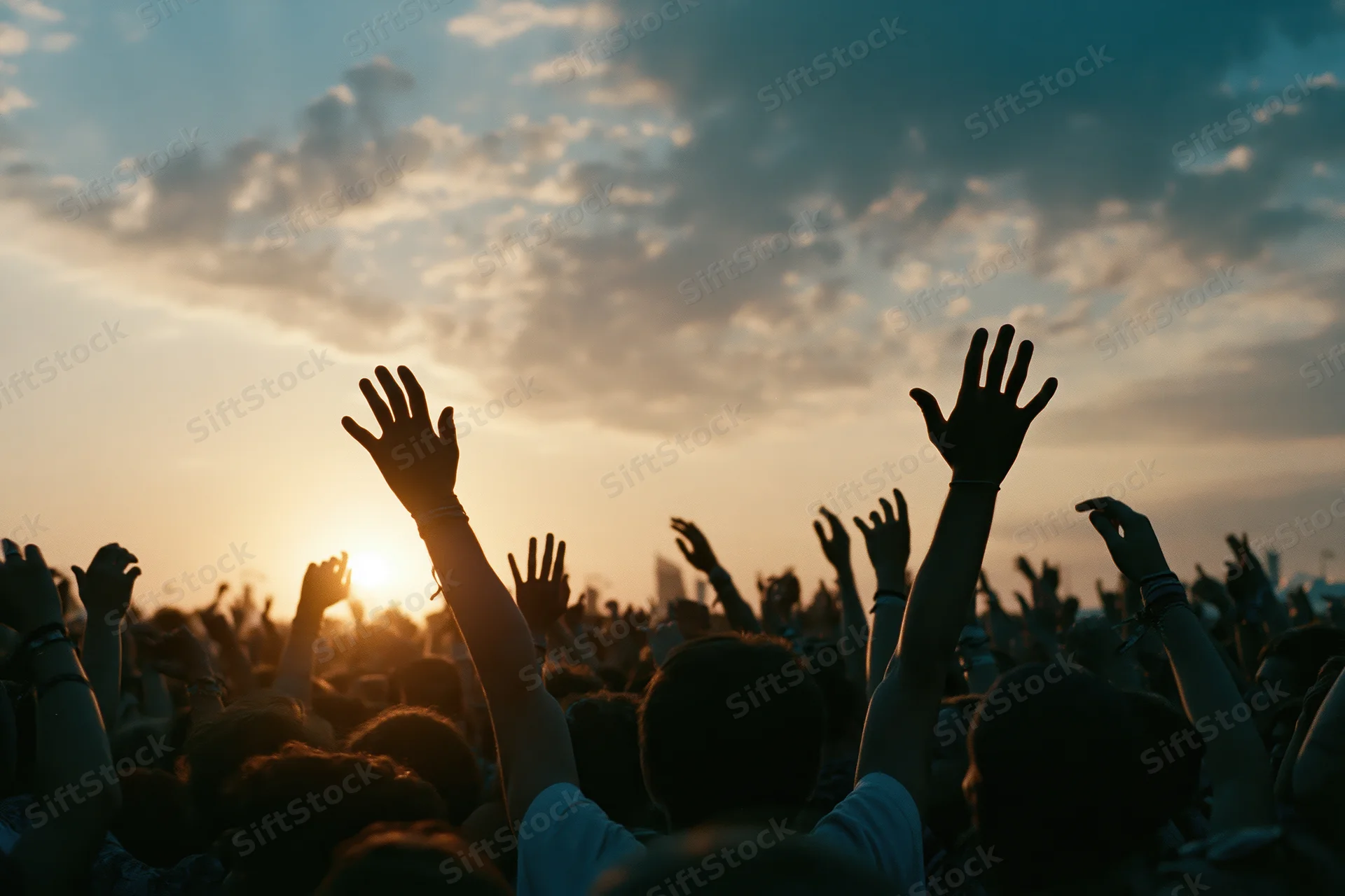 Silhouetted crowd raising arms at outdoor music festival during sunset