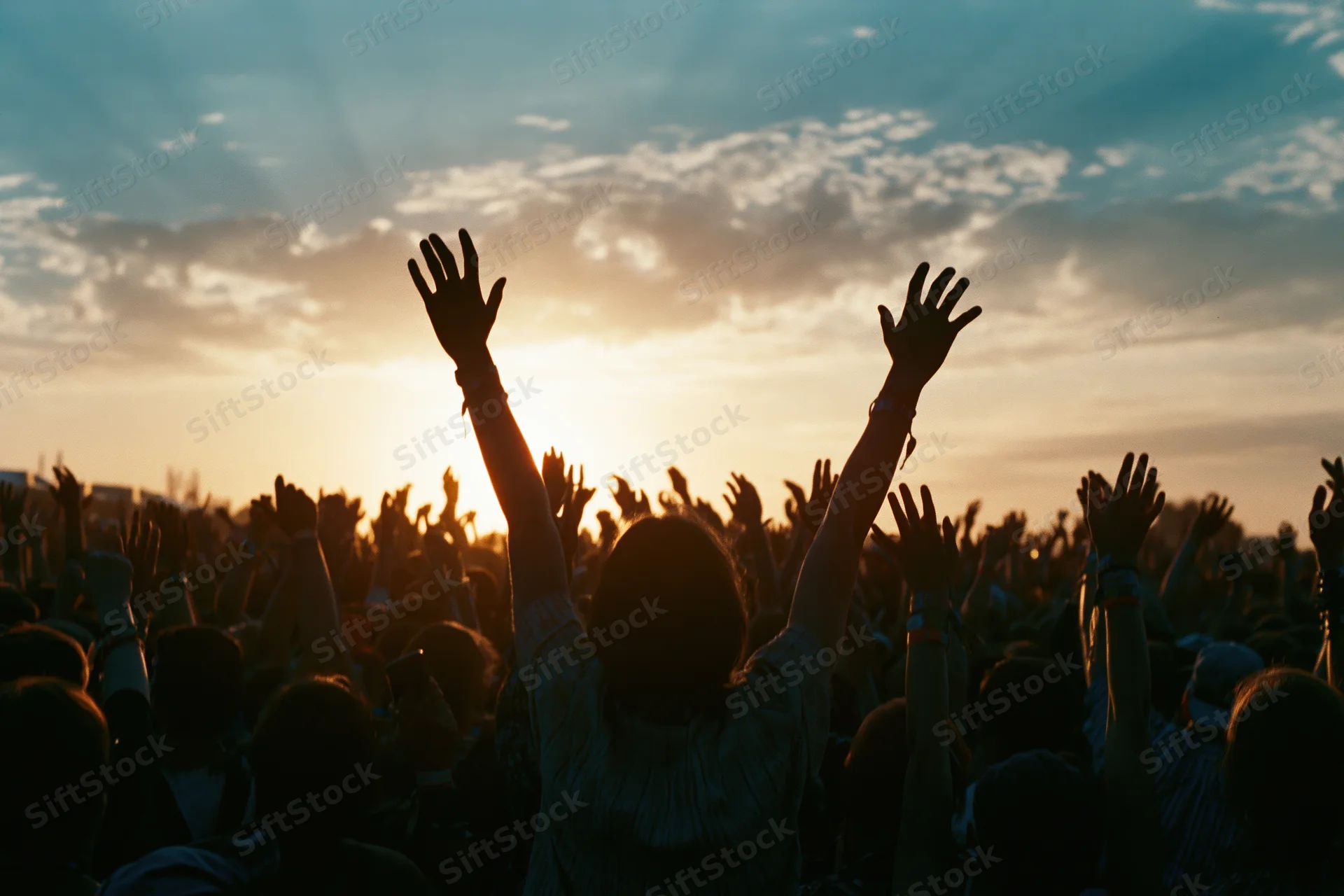 Silhouetted crowd raising arms at outdoor music festival during sunset