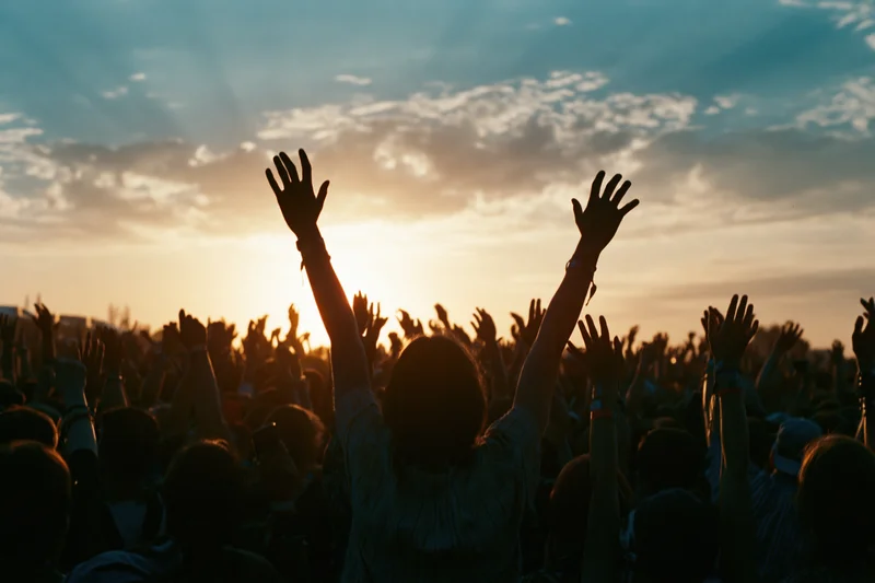 Silhouetted crowd raising arms at outdoor music festival during sunset
