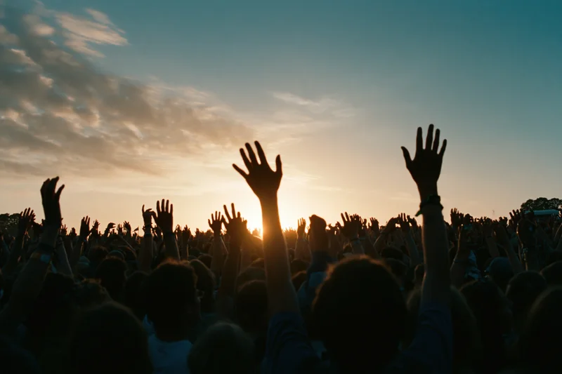 Silhouetted crowd raising hands at outdoor music festival during sunset