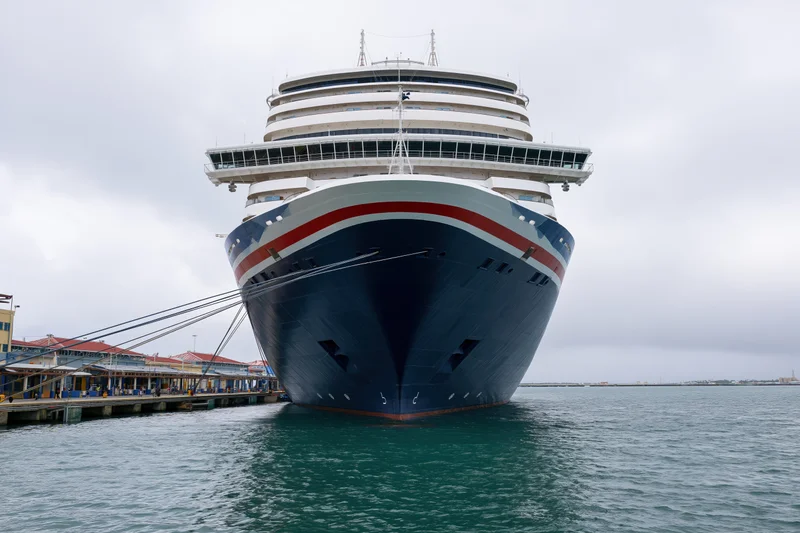 Large cruise ship docked at port with bow facing camera, moored to pier in harbor