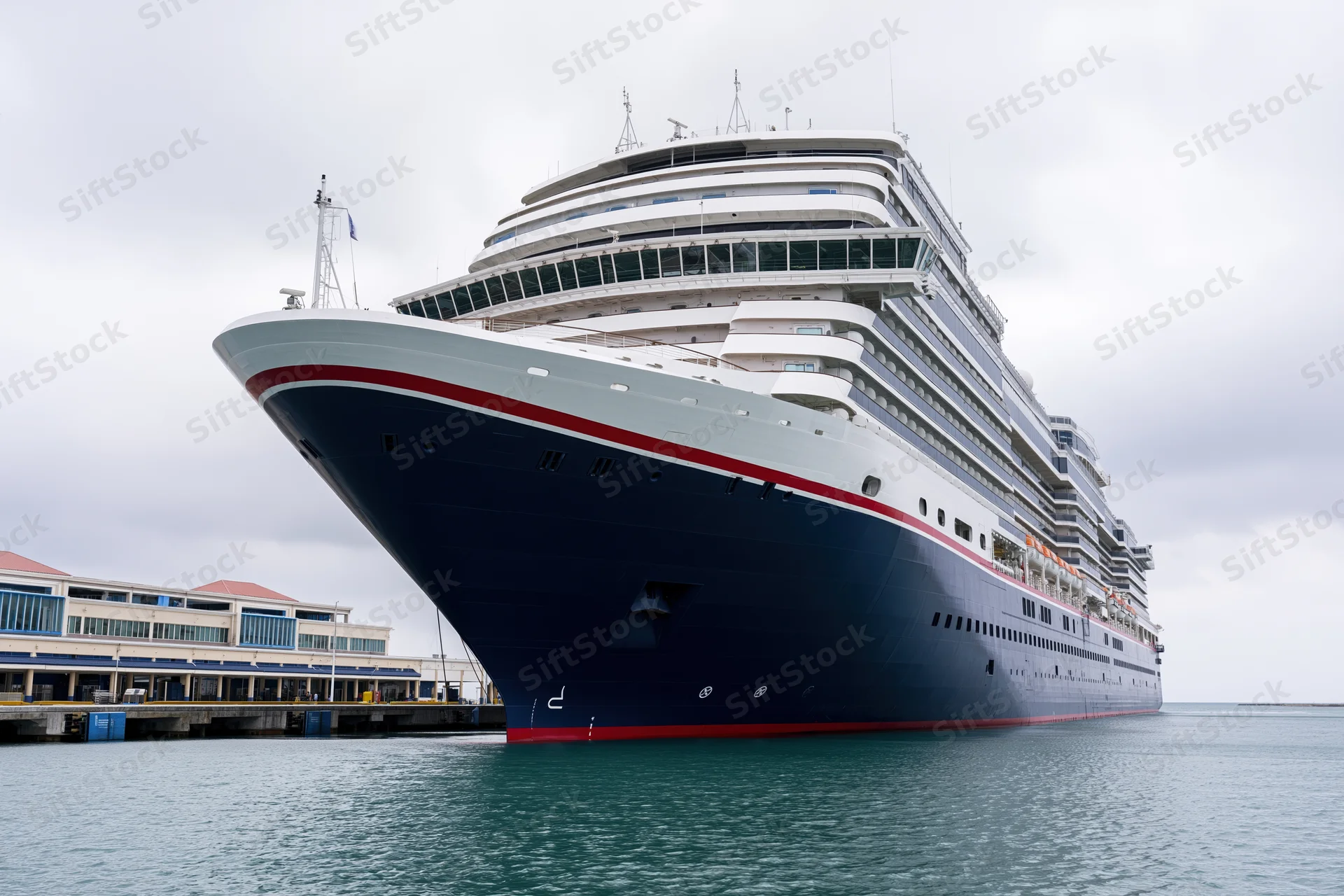 Large modern cruise ship docked at a Caribbean port bow view