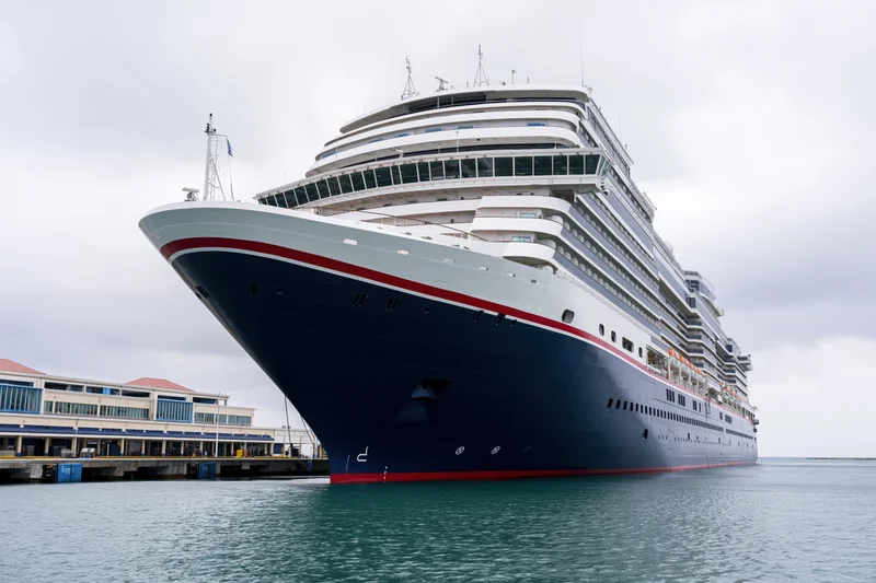 Large modern cruise ship docked at a Caribbean port bow view