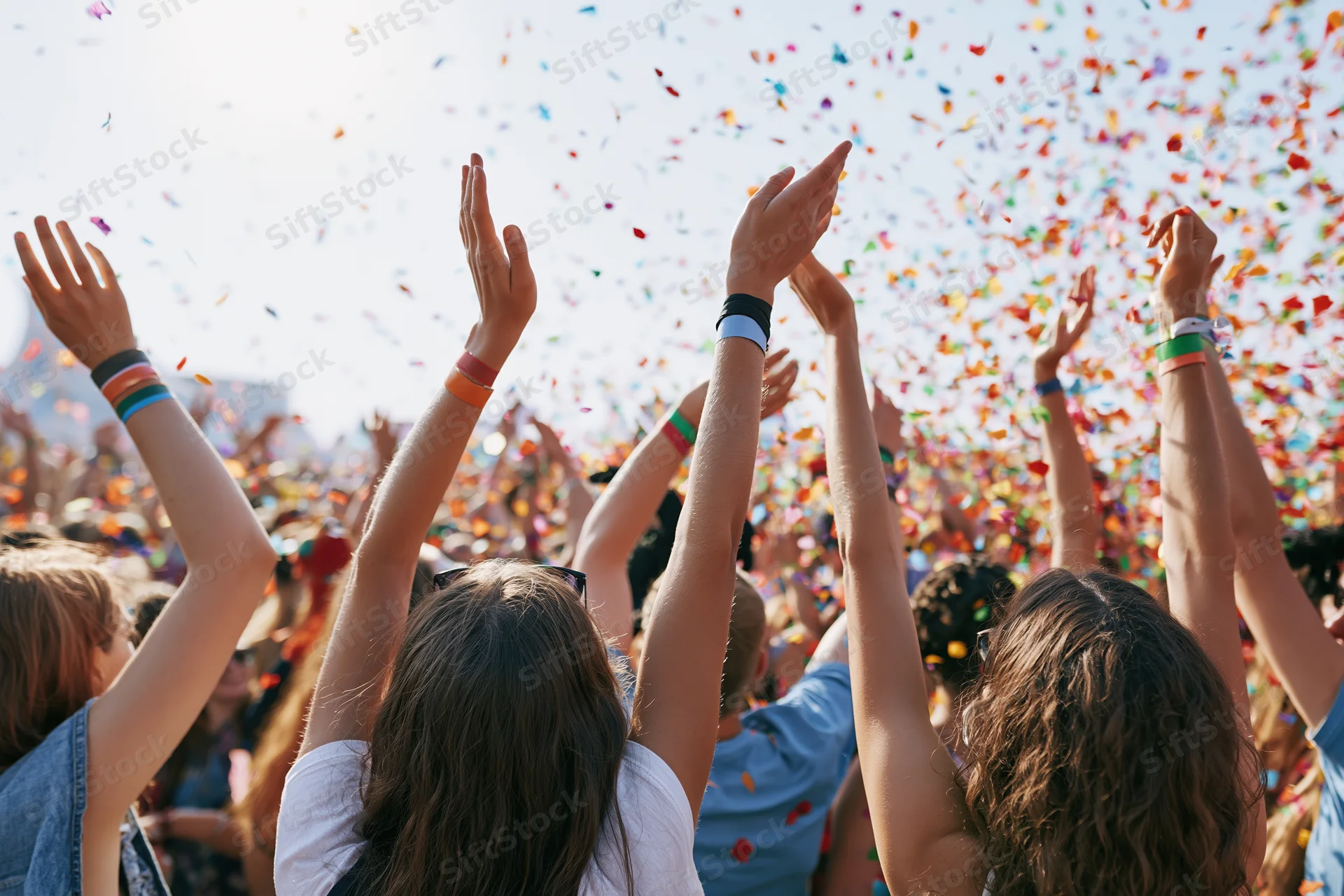 Crowd of people with arms raised at outdoor festival under falling confetti