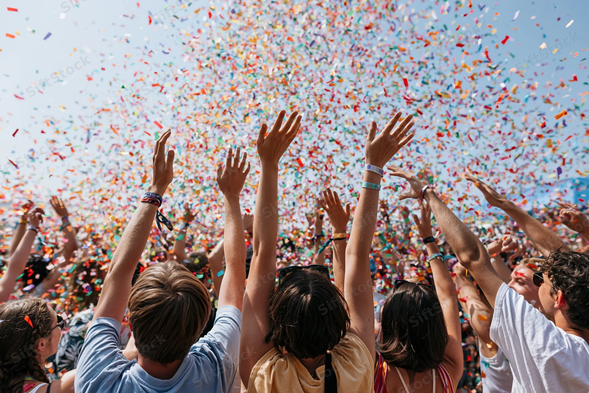 Crowd of festivalgoers with arms raised under falling confetti at outdoor music event