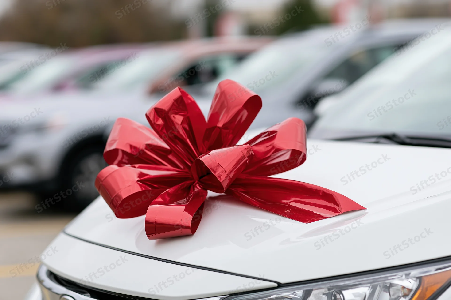 Large shiny red gift bow on the hood of a white car in a dealership lot