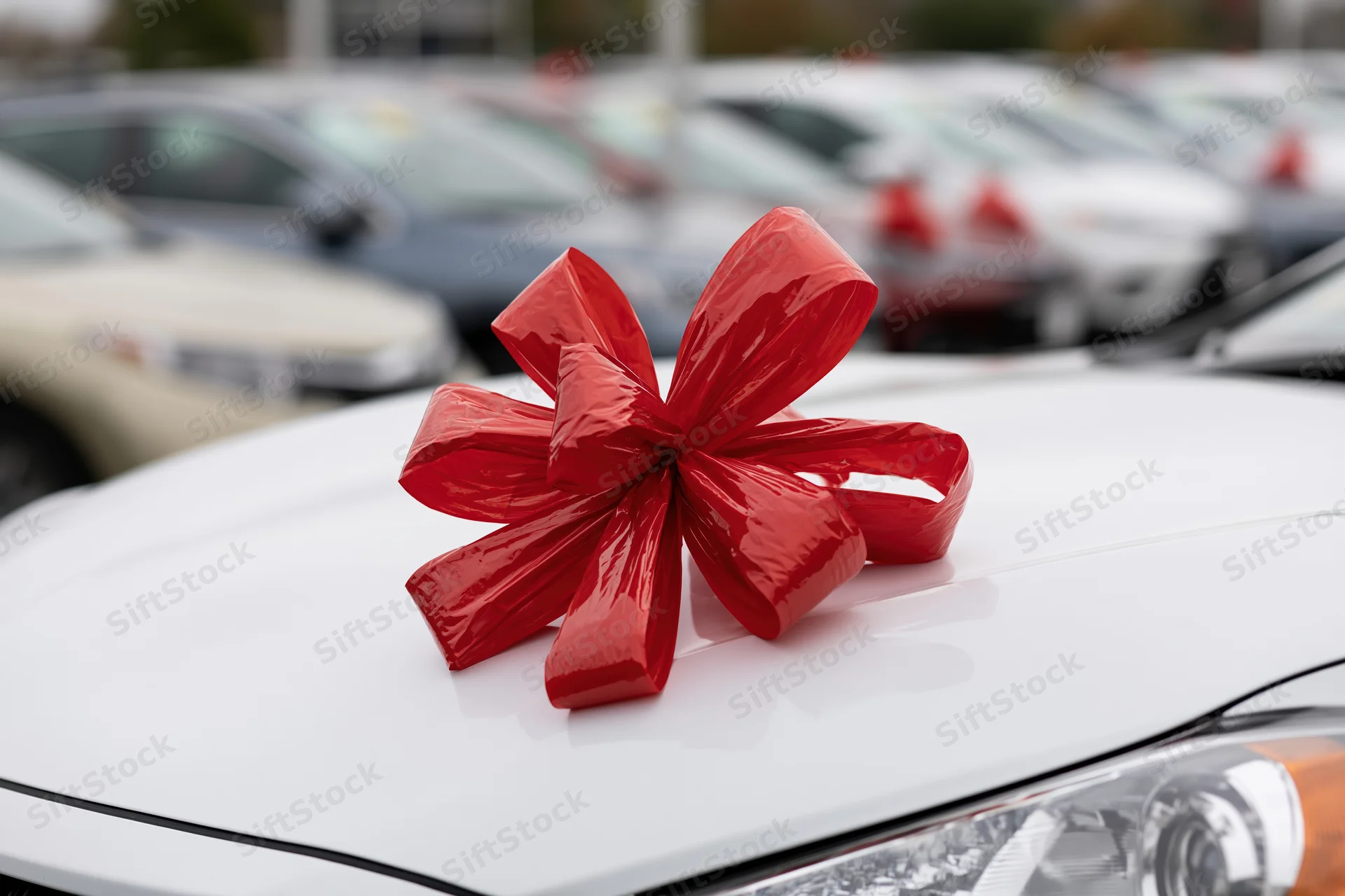 Large shiny red gift bow on the hood of a white car in a dealership lot