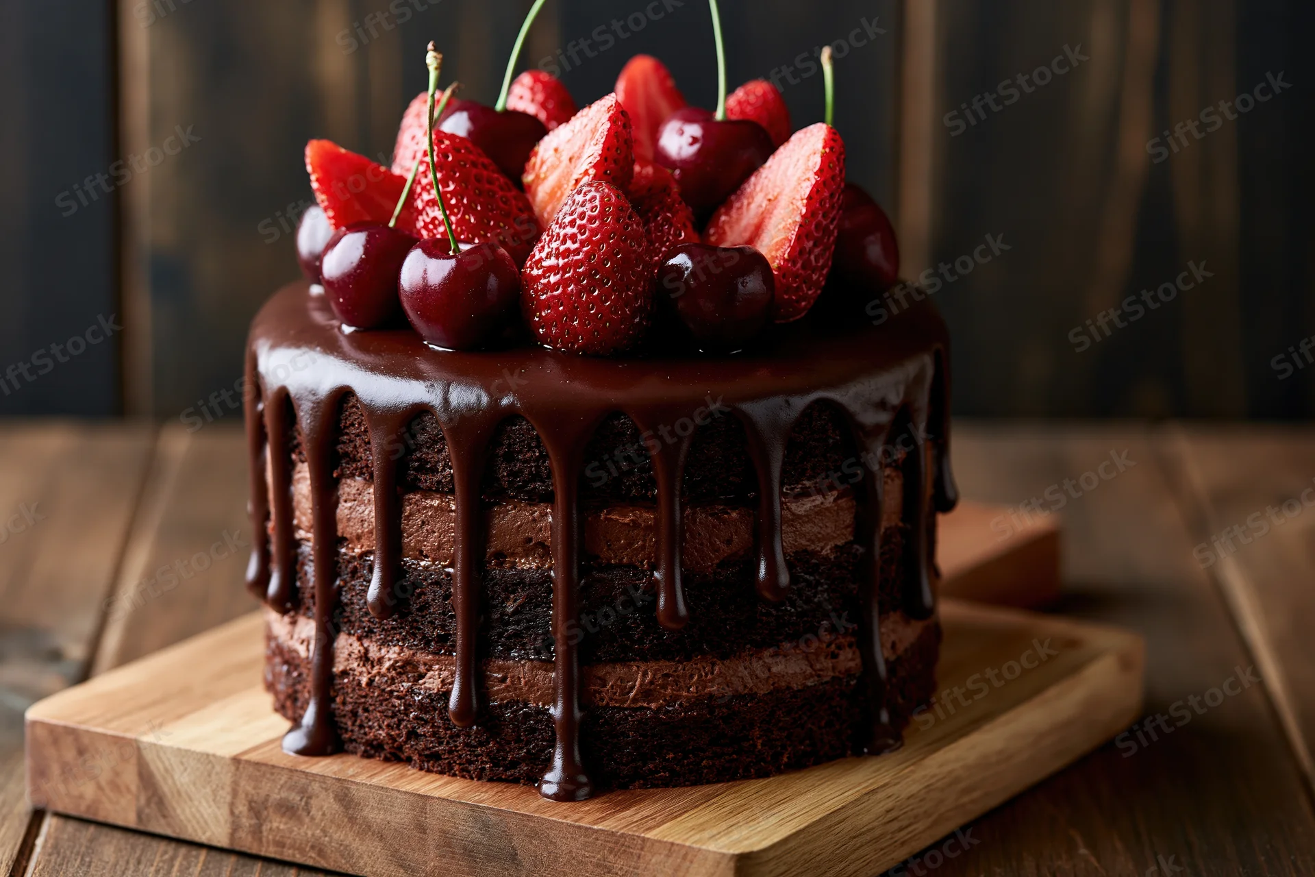 Layered chocolate drip cake with strawberries and cherries on wooden board