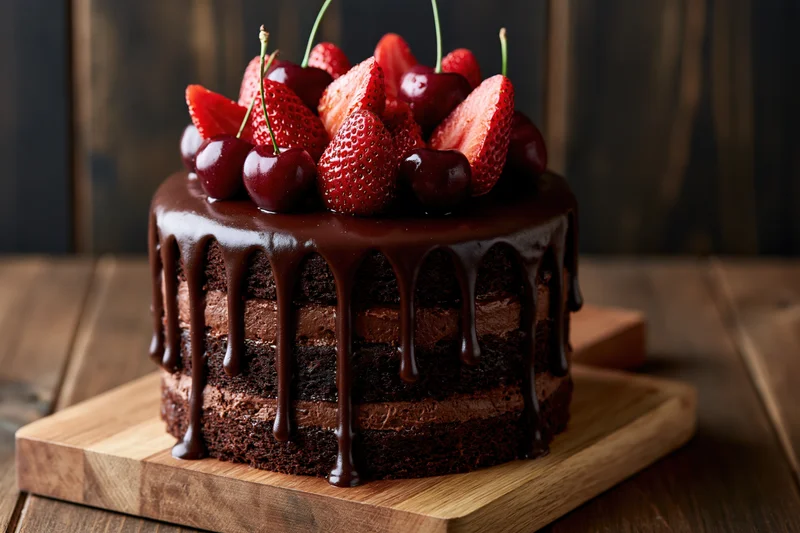 Layered chocolate drip cake with strawberries and cherries on wooden board